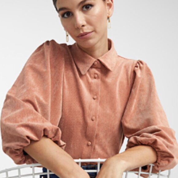 ICONE - Copper pink Corduroy buttons down shirt with puff sleeves - LARGE - Picture 1 of 10